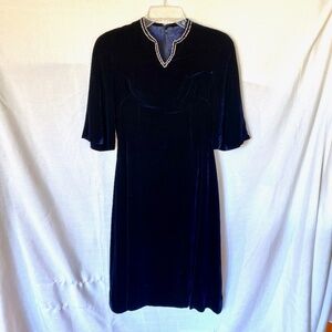 Vintage Navy Blue Velvet Dress with Rhinestone Collar